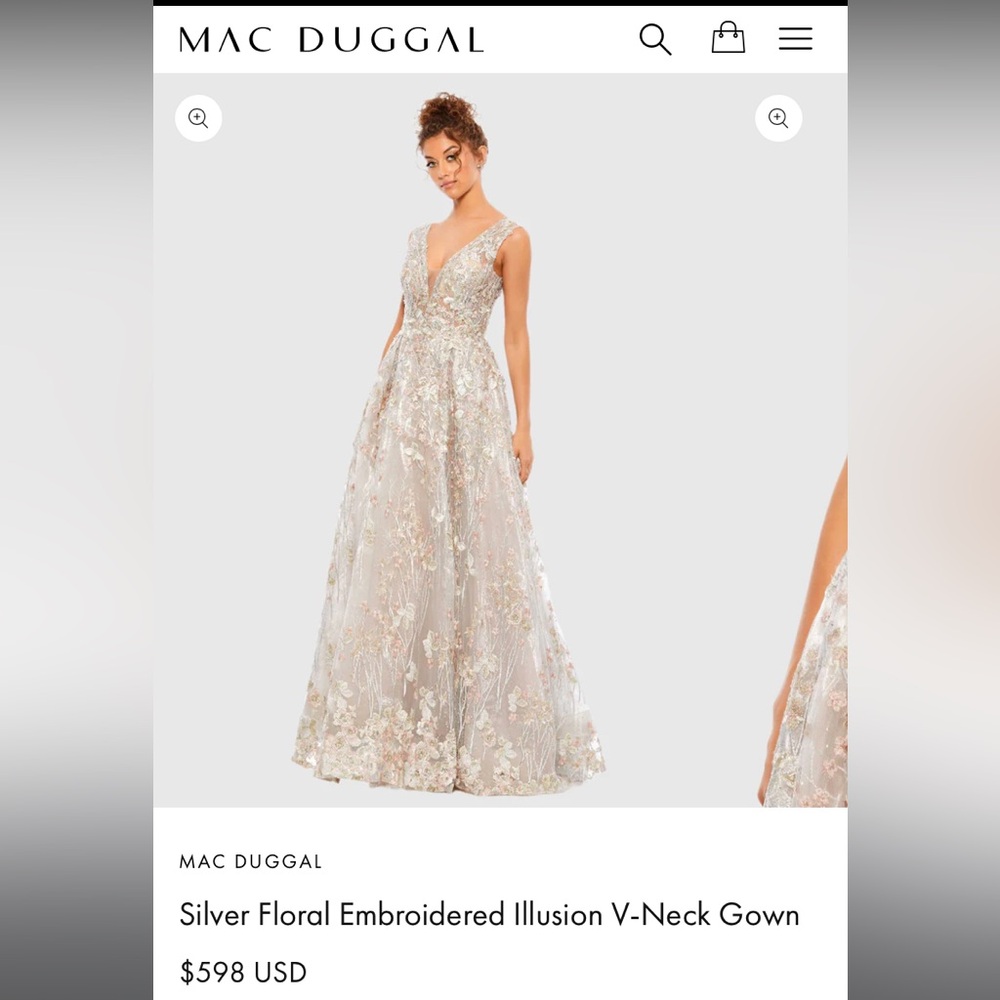 Mac Duggal NWT - Size 8. Silver Floral Embroidered Gown